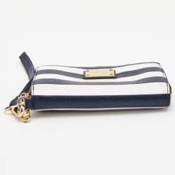 Pre Owned Michael Kors Blue/White Leather Striped Zip Around Wallet