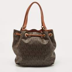 Pre Owned MICHAEL Michael Kors Brown/Tan Signature Coated Canvas and Leather Jet Set Drawstring Bag