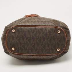 Pre Owned MICHAEL Michael Kors Brown/Tan Signature Coated Canvas and Leather Jet Set Drawstring Bag
