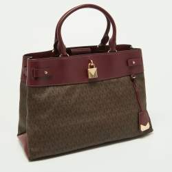 Pre Owned Michael Kors Beige/Burgundy Signature Coated Canvas and Leather Gramercy Tote