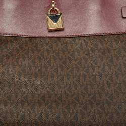 Pre Owned Michael Kors Beige/Burgundy Signature Coated Canvas and Leather Gramercy Tote