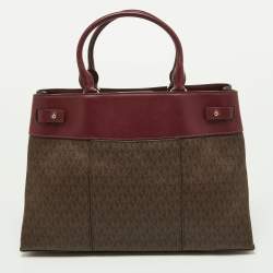 Pre Owned Michael Kors Beige/Burgundy Signature Coated Canvas and Leather Gramercy Tote