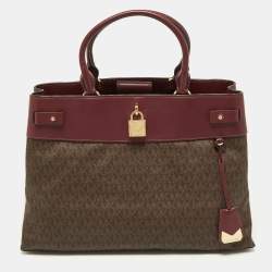 Pre Owned Michael Kors Beige/Burgundy Signature Coated Canvas and Leather Gramercy Tote