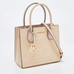 Pre Owned Michael Kors Beige Croc Embossed Leather Small Mercer Tote