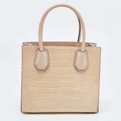 Pre Owned Michael Kors Beige Croc Embossed Leather Small Mercer Tote