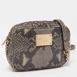 Pre Owned Michael Kors Grey Python Embossed Laminated Suede Logo Camera Crossbody Bag
