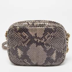 Pre Owned Michael Kors Grey Python Embossed Laminated Suede Logo Camera Crossbody Bag