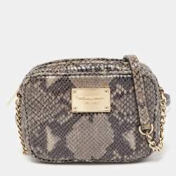 Pre Owned Michael Kors Grey Python Embossed Laminated Suede Logo Camera Crossbody Bag