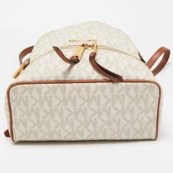Michael Kors White/Tan Signature Coated Canvas and Leather Rhea Backpack