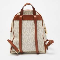 Michael Kors White/Tan Signature Coated Canvas and Leather Rhea Backpack
