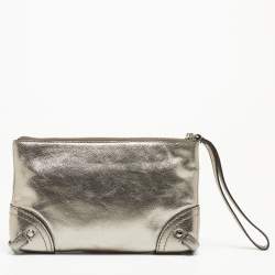Michael Kors Metallic Grey Leather Fallon Wristlet Clutch