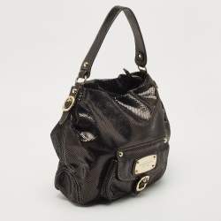 Pre Owned Michael Kors Black Snakeskin Embossed Leather Buckle Pocket Hobo