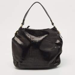 Pre Owned Michael Kors Black Snakeskin Embossed Leather Buckle Pocket Hobo