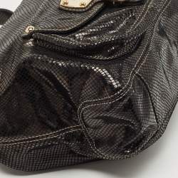 Pre Owned Michael Kors Black Snakeskin Embossed Leather Buckle Pocket Hobo
