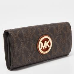 Pre Owned Michael Kors Beige/Brown Signature Coated Canvas Fulton Flap Continental Wallet