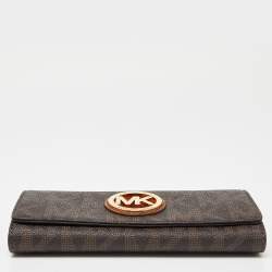 Pre Owned Michael Kors Beige/Brown Signature Coated Canvas Fulton Flap Continental Wallet