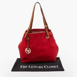 Michael Kors Red/Brown Canvas and Leather Large Raven Shoulder Bag