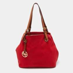 Michael Kors Red/Brown Canvas and Leather Large Raven Shoulder Bag