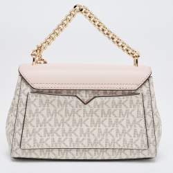 Pre Owned Michael Kors White/Pink Signature Coated Canvas And Leather Small Lita Crossbody Bag
