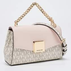 Pre Owned Michael Kors White/Pink Signature Coated Canvas And Leather Small Lita Crossbody Bag