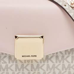 Pre Owned Michael Kors White/Pink Signature Coated Canvas And Leather Small Lita Crossbody Bag