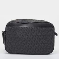 Pre Owned Michael Kors Black/Grey Signature Coated Canvas and Leather Jet Set Camera Crossbody Bag