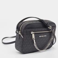 Pre Owned Michael Kors Black/Grey Signature Coated Canvas and Leather Jet Set Camera Crossbody Bag