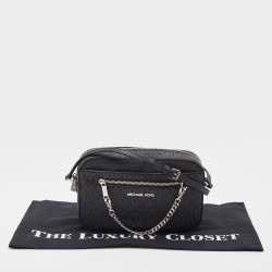 Pre Owned Michael Kors Black/Grey Signature Coated Canvas and Leather Jet Set Camera Crossbody Bag