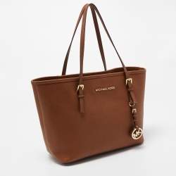Pre Owned MICHAEL Michael Kors Brown Saffiano Leather Small Jet Set Travel Tote