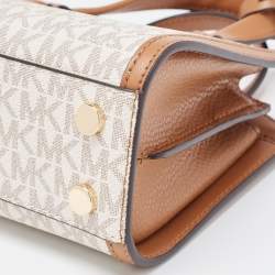 Pre Owned Michael Kors Brown/White Signature Coated Canvas and Leather Extra Small Chantal Tote