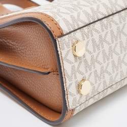 Pre Owned Michael Kors Brown/White Signature Coated Canvas and Leather Extra Small Chantal Tote