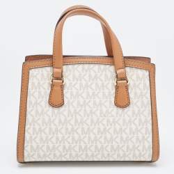 Pre Owned Michael Kors Brown/White Signature Coated Canvas and Leather Extra Small Chantal Tote