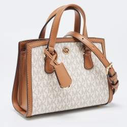 Pre Owned Michael Kors Brown/White Signature Coated Canvas and Leather Extra Small Chantal Tote