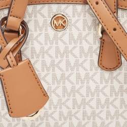 Pre Owned Michael Kors Brown/White Signature Coated Canvas and Leather Extra Small Chantal Tote