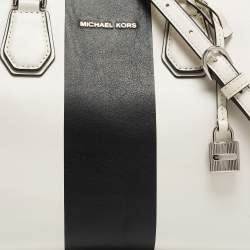 Michael Kors White/Black Leather Medium Center Stripe Mercer Duffle Bag