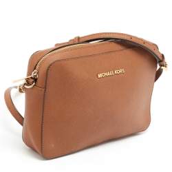 Pre Owned Michael Kors Brown Saffiano Leather Jet Set Camera Crossbody Bag