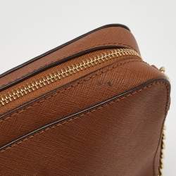 Pre Owned Michael Kors Brown Saffiano Leather Jet Set Camera Crossbody Bag