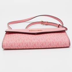 Pre Owned Michael Kors Pink Signature Coated Canvas and Leather Envelope Flap Clutch Bag