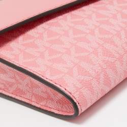 Pre Owned Michael Kors Pink Signature Coated Canvas and Leather Envelope Flap Clutch Bag