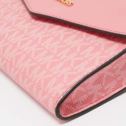 Pre Owned Michael Kors Pink Signature Coated Canvas and Leather Envelope Flap Clutch Bag