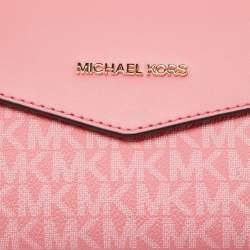 Pre Owned Michael Kors Pink Signature Coated Canvas and Leather Envelope Flap Clutch Bag