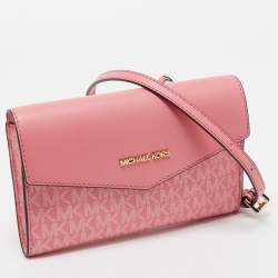 Pre Owned Michael Kors Pink Signature Coated Canvas and Leather Envelope Flap Clutch Bag