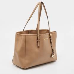 Pre Owned Michael Kors Beige Saffiano Leather Large East West Jet Set Tote