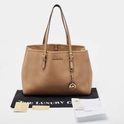 Pre Owned Michael Kors Beige Saffiano Leather Large East West Jet Set Tote