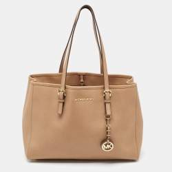 Pre Owned Michael Kors Beige Saffiano Leather Large East West Jet Set Tote