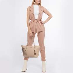 Pre Owned Michael Kors Beige Leather Medium Jet Set Top Zip Tote