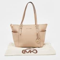 Pre Owned Michael Kors Beige Leather Medium Jet Set Top Zip Tote