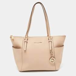 Pre Owned Michael Kors Beige Leather Medium Jet Set Top Zip Tote
