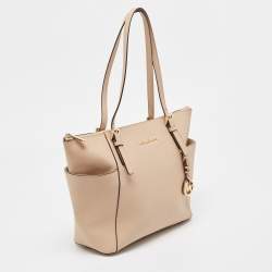 Pre Owned Michael Kors Beige Leather Medium Jet Set Top Zip Tote