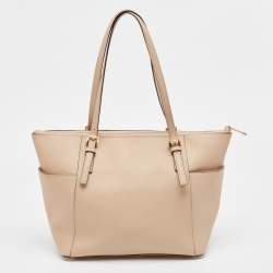 Pre Owned Michael Kors Beige Leather Medium Jet Set Top Zip Tote